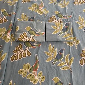The Company Store Birds Queen Flat Sheet & 2 Std Pillowcases Blue Nature Cotton